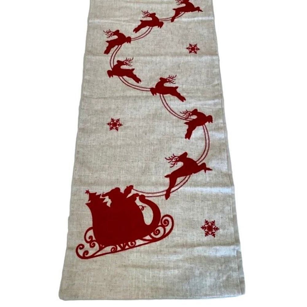 Aspen 14x72 Christmas Table Runner Red Reindeer Santa Sleigh‎ Linen Blend